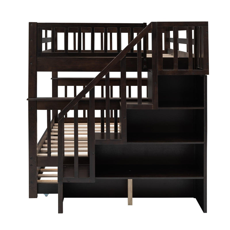 Full Over Full Bunk Bed with Twin Size Trundle,Storage Staircase and Guard Rail  - Espresso