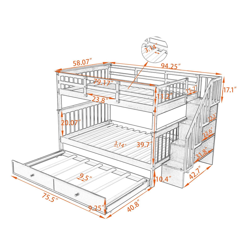 Full Over Full Bunk Bed with Twin Size Trundle,Storage Staircase and Guard Rail  - Espresso