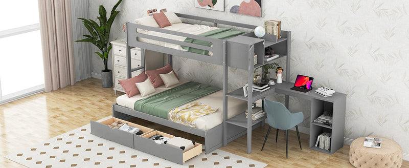 Twin over Full Bunk Bed with Drawers, Shelves, Drawers, and L-shaped Desk - Gray - Urban Living Furniture (Los Angeles, CA)