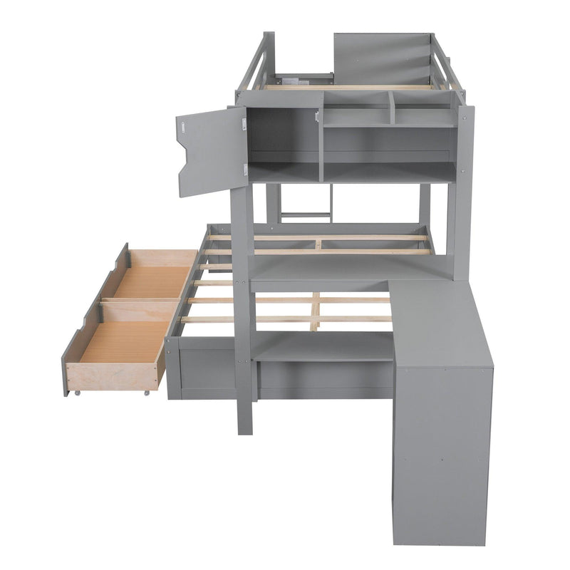 Twin over Full Bunk Bed with Drawers, Shelves, Drawers, and L-shaped Desk - Gray - Urban Living Furniture (Los Angeles, CA)