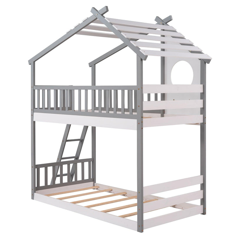 Twin Over Twin Low House Shaped Bunk Bed with Window and Ladder - Gray - Urban Living Furniture (Los Angeles, CA)