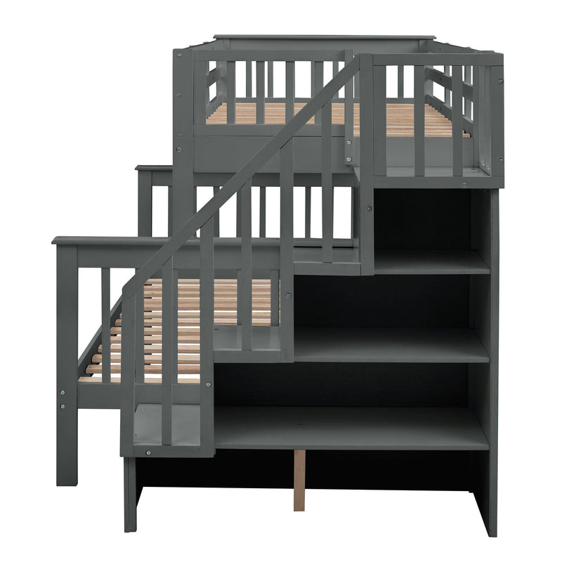 Twin over Full Bunk Bed with Twin size Trundle,Storage Staircase and Guard Rail - Gray