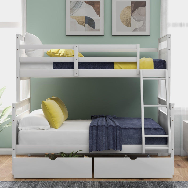 Twin over Full Bunk Bed with Ladder, TwoStorage Drawers and Safety Guardrail - White