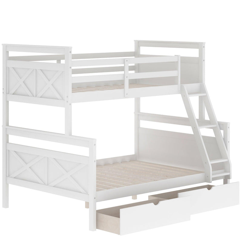 Twin over Full Bunk Bed with Ladder, TwoStorage Drawers and Safety Guardrail - White