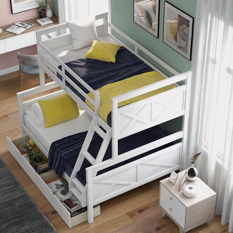 Twin over Full Bunk Bed with Ladder, TwoStorage Drawers and Safety Guardrail - White - Urban Living Furniture (Los Angeles, CA)