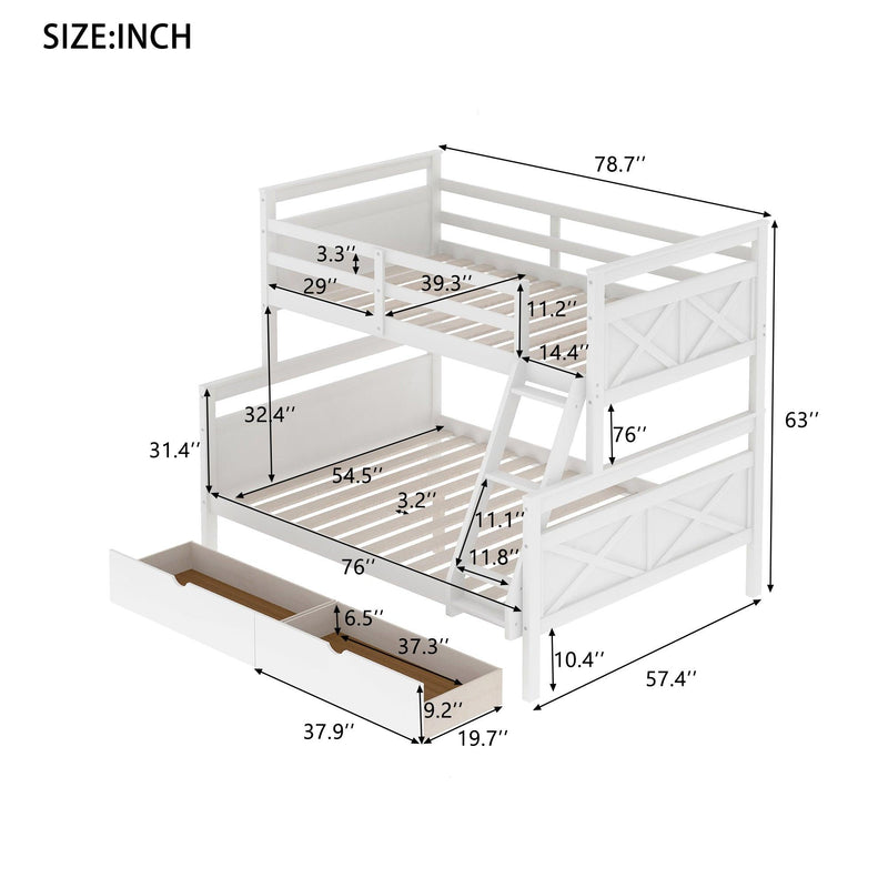 Twin over Full Bunk Bed with Ladder, TwoStorage Drawers and Safety Guardrail - White