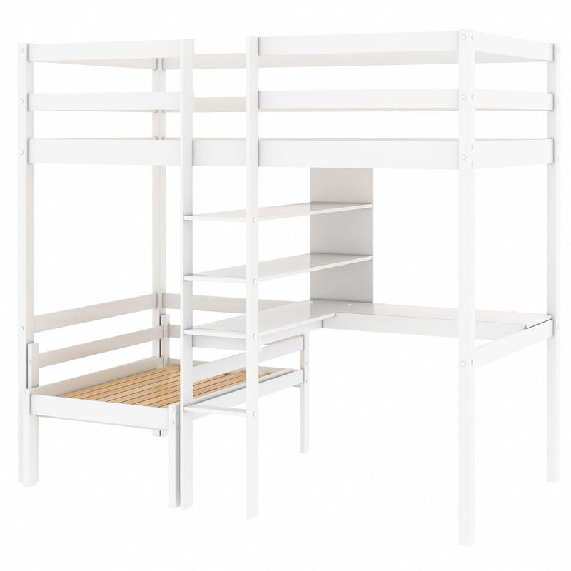 Convertible Loft Bed with L-Shape Desk, Twin Bunk Bed with Shelves and Ladder - White - Urban Living Furniture (Los Angeles, CA)