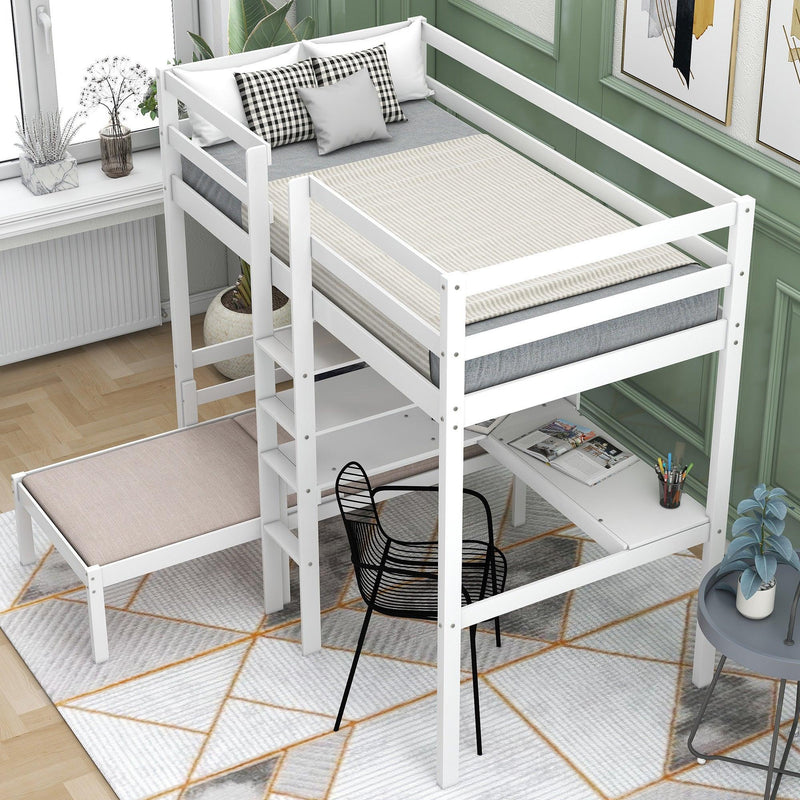 Convertible Loft Bed with L-Shape Desk, Twin Bunk Bed with Shelves and Ladder - White - Urban Living Furniture (Los Angeles, CA)