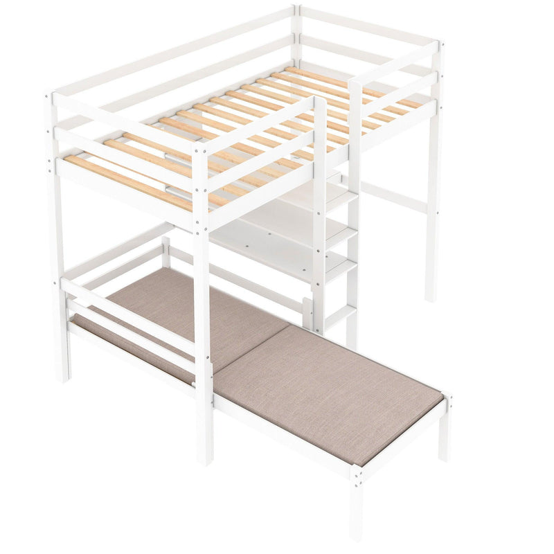 Convertible Loft Bed with L-Shape Desk, Twin Bunk Bed with Shelves and Ladder - White - Urban Living Furniture (Los Angeles, CA)