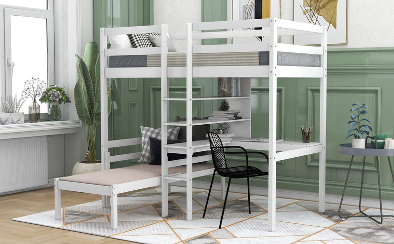 Convertible Loft Bed with L-Shape Desk, Twin Bunk Bed with Shelves and Ladder - White - Urban Living Furniture (Los Angeles, CA)