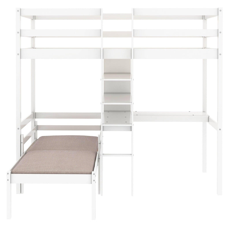 Convertible Loft Bed with L-Shape Desk, Twin Bunk Bed with Shelves and Ladder - White - Urban Living Furniture (Los Angeles, CA)