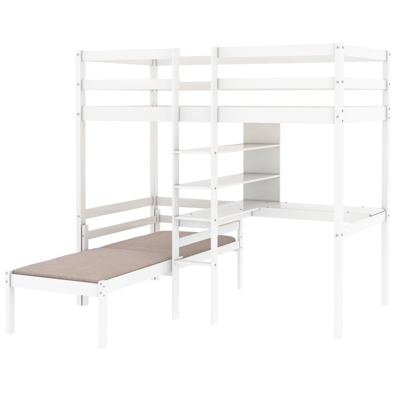 Convertible Loft Bed with L-Shape Desk, Twin Bunk Bed with Shelves and Ladder - White - Urban Living Furniture (Los Angeles, CA)