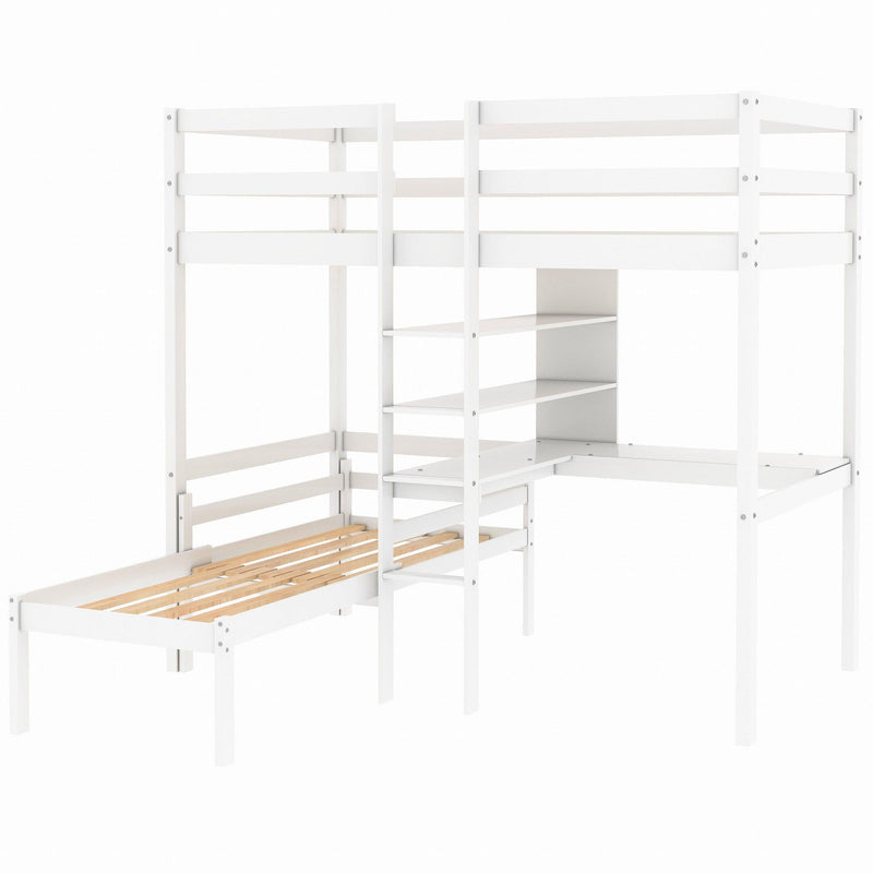 Convertible Loft Bed with L-Shape Desk, Twin Bunk Bed with Shelves and Ladder - White - Urban Living Furniture (Los Angeles, CA)