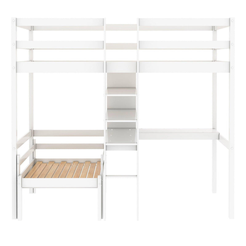 Convertible Loft Bed with L-Shape Desk, Twin Bunk Bed with Shelves and Ladder - White - Urban Living Furniture (Los Angeles, CA)