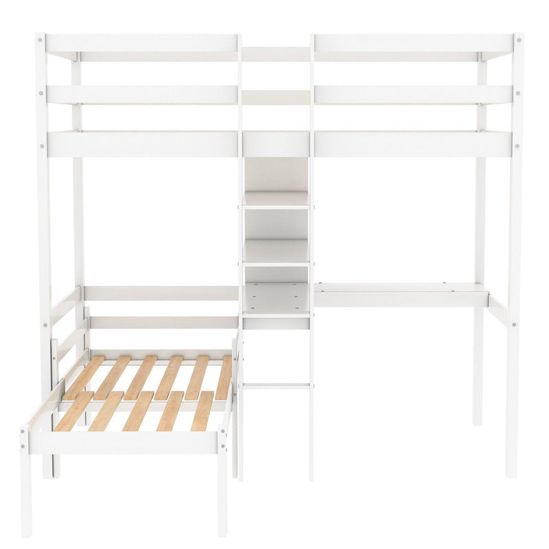 Convertible Loft Bed with L-Shape Desk, Twin Bunk Bed with Shelves and Ladder - White - Urban Living Furniture (Los Angeles, CA)