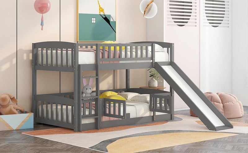 Twin over Twin Low Bunk Bed with Slide, Fence and Ladder - Gray - Urban Living Furniture (Los Angeles, CA)