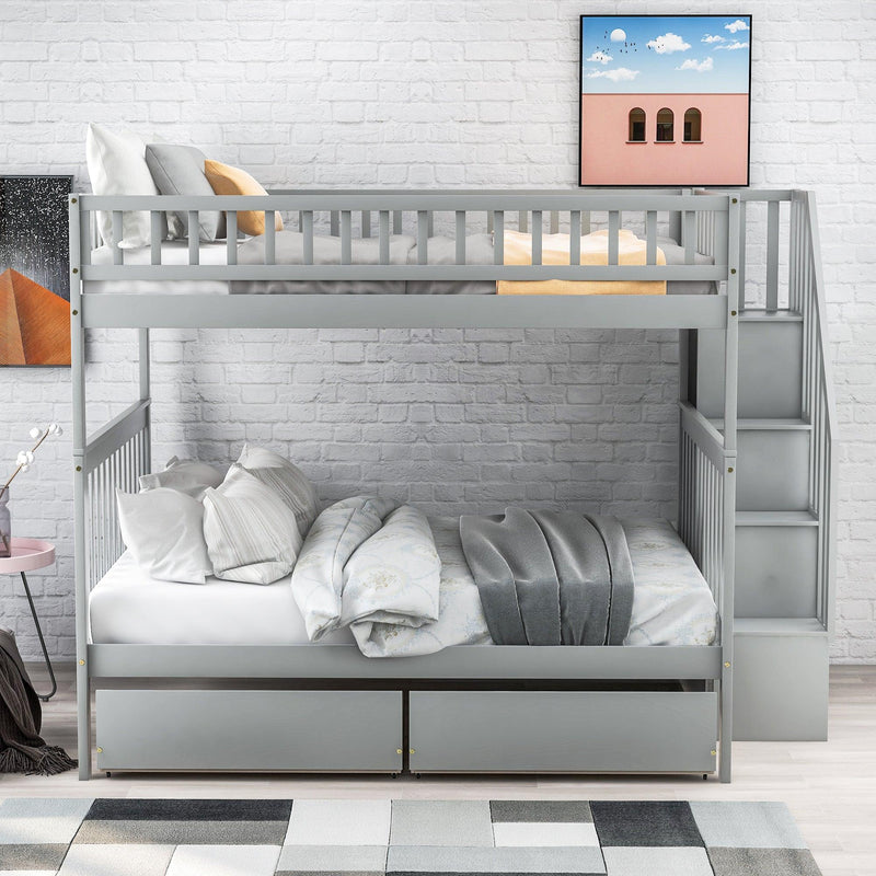 Full over Full Bunk Bed with Two Drawers andStorage Staircase - Gray