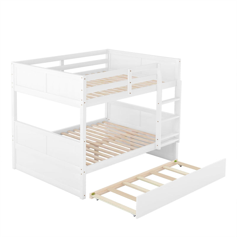 Full Over Full Bunk Bed with Twin Size Trundle, Ladder, Head and Footboard - White