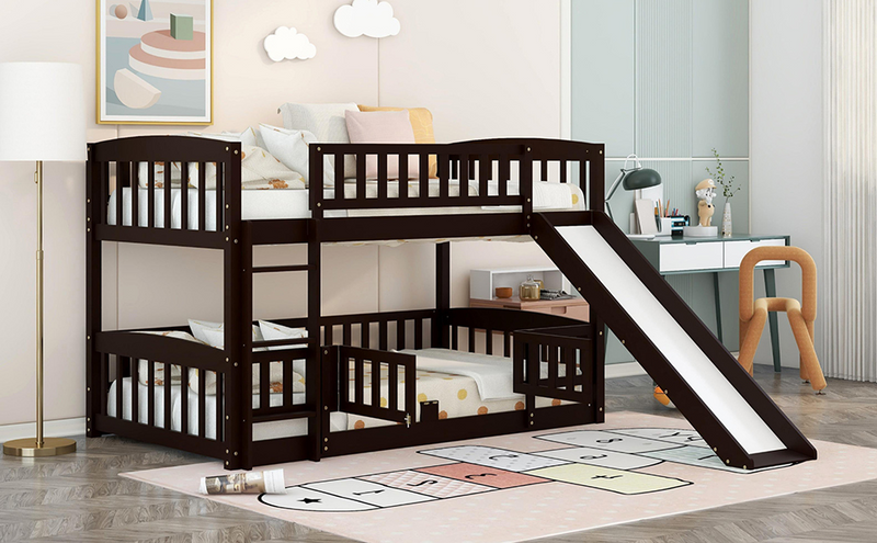 Twin over Twin Low Bunk Bed with Slide, Fence and Ladder - Espresso - Urban Living Furniture (Los Angeles, CA)