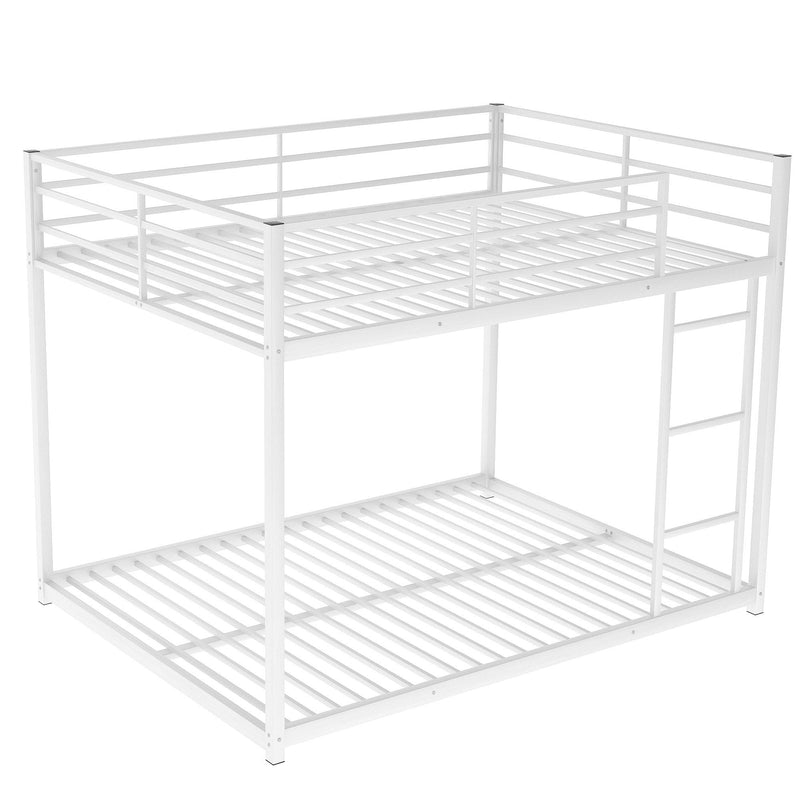 Full over Full Low Metal Bunk Bed with Ladder and Guardrail - White