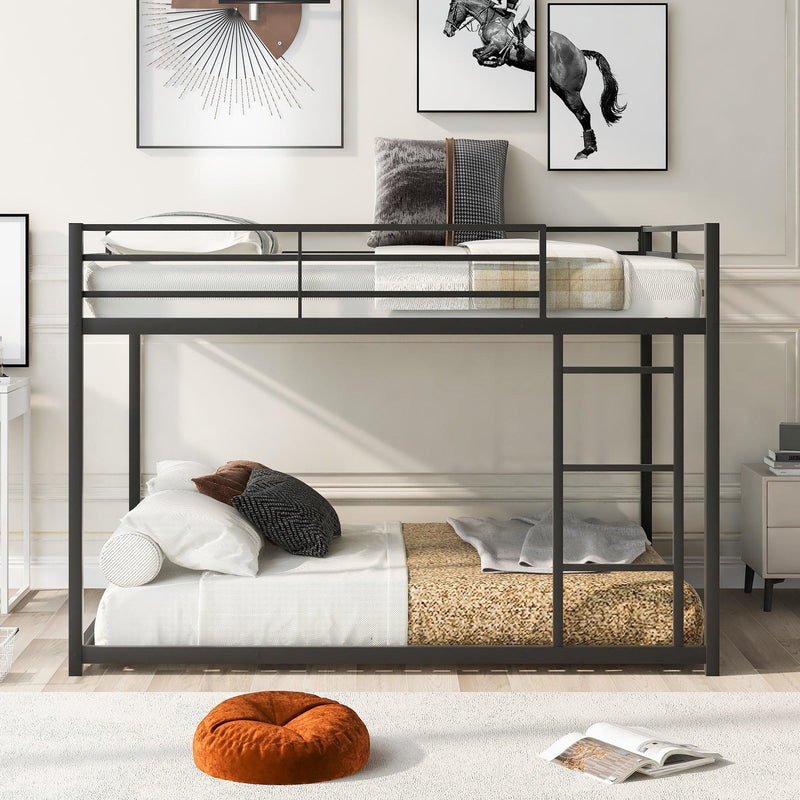 Full over Full Low Metal Bunk Bed with Ladder and Guardrail - Black - Urban Living Furniture (Los Angeles, CA)