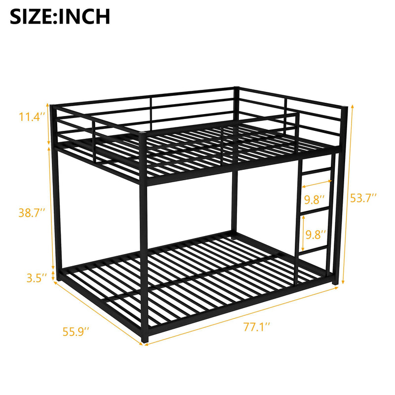 Full over Full Low Metal Bunk Bed with Ladder and Guardrail - Black