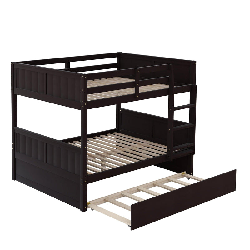 Full Over Full Bunk Bed with Twin Size Trundle, Ladder, Head and Footboard - Espresso