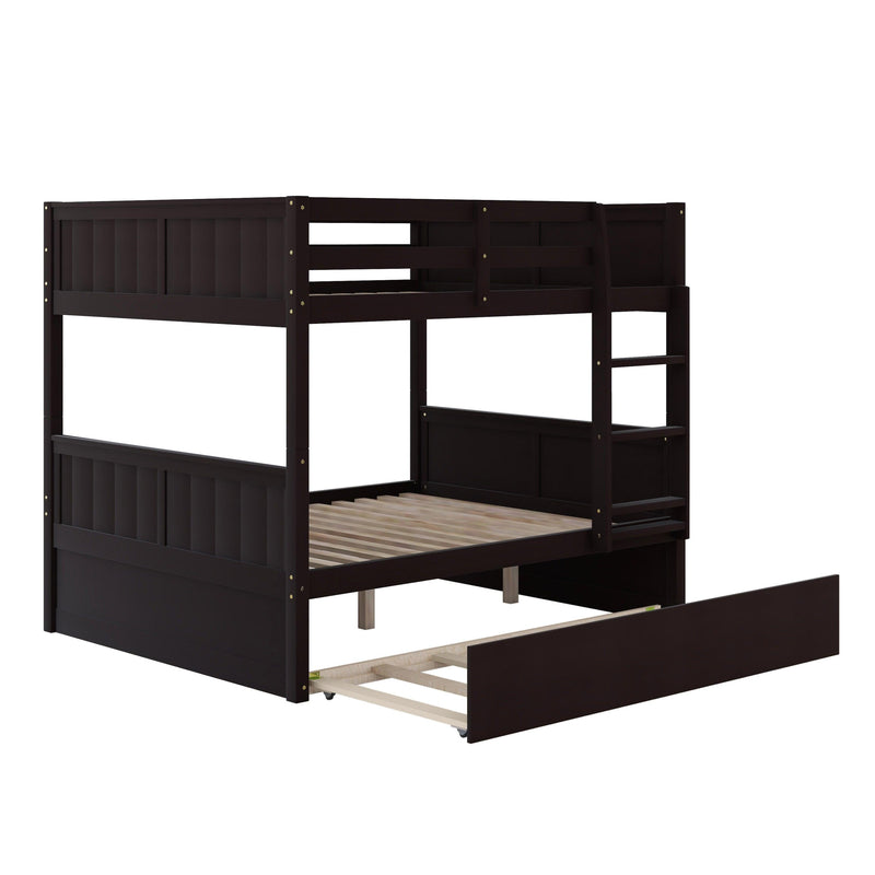 Full Over Full Bunk Bed with Twin Size Trundle, Ladder, Head and Footboard - Espresso
