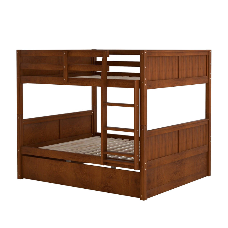 Full Over Full Bunk Bed with Twin Size Trundle, Ladder, Head and Footboard - Walnut