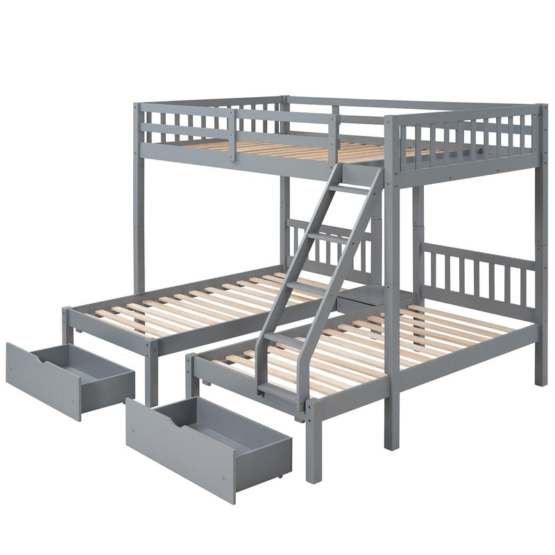 Full Over Twin and  Twin Bunk Bed with Drawers and Guardrails - Gray