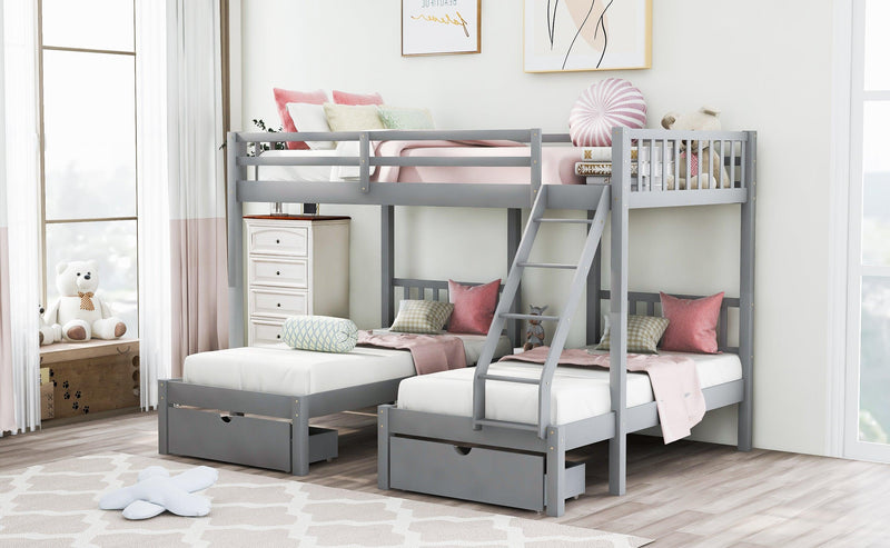 Full Over Twin and  Twin Bunk Bed with Drawers and Guardrails - Gray - Urban Living Furniture (Los Angeles, CA)