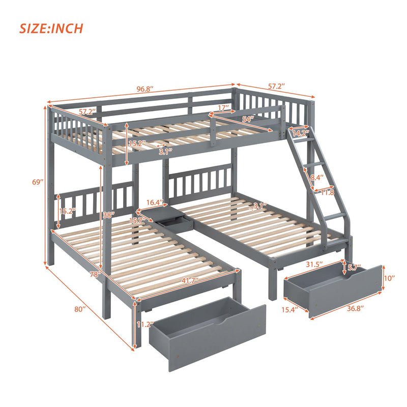 Full Over Twin and  Twin Bunk Bed with Drawers and Guardrails - Gray - Urban Living Furniture (Los Angeles, CA)