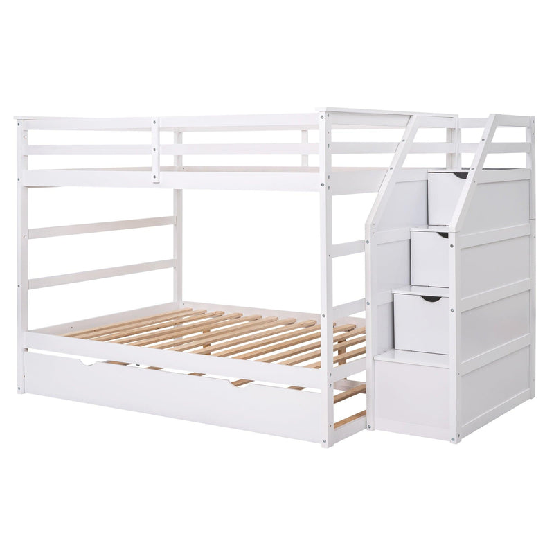 Full over Full Bunk Bed withStorage Staircase and Twin Size Trundle Bed - White