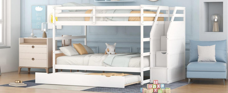 Full over Full Bunk Bed withStorage Staircase and Twin Size Trundle Bed - White