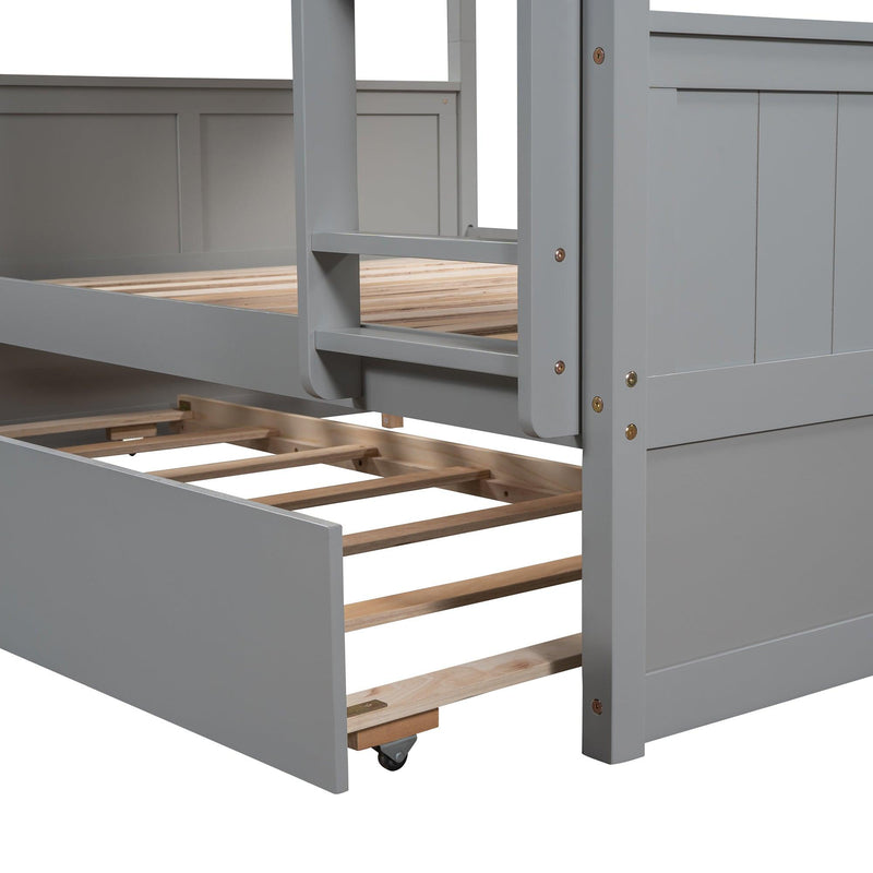 Full Over Full Bunk Bed with Twin Size Trundle, Ladder, Head and Footboard - Gray