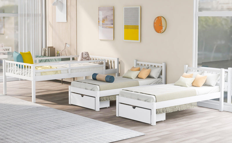 Full Over Twin and  Twin Bunk Bed with Drawers and Guardrails - White - Urban Living Furniture (Los Angeles, CA)