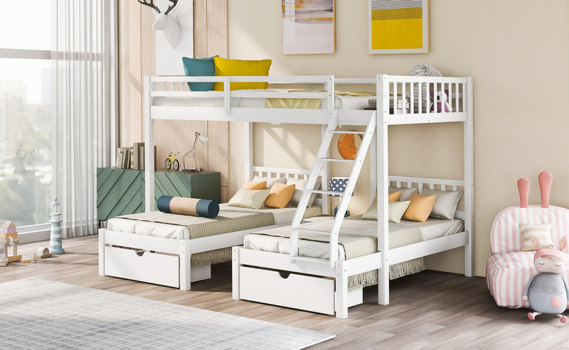 Full Over Twin and  Twin Bunk Bed with Drawers and Guardrails - White