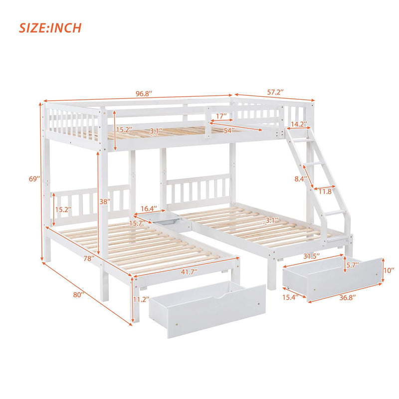 Full Over Twin and  Twin Bunk Bed with Drawers and Guardrails - White - Urban Living Furniture (Los Angeles, CA)