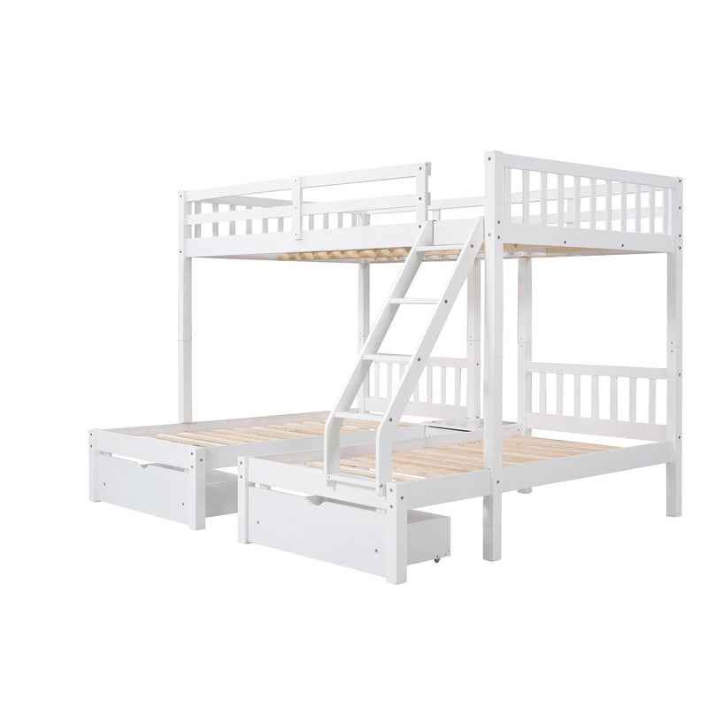 Full Over Twin and  Twin Bunk Bed with Drawers and Guardrails - White