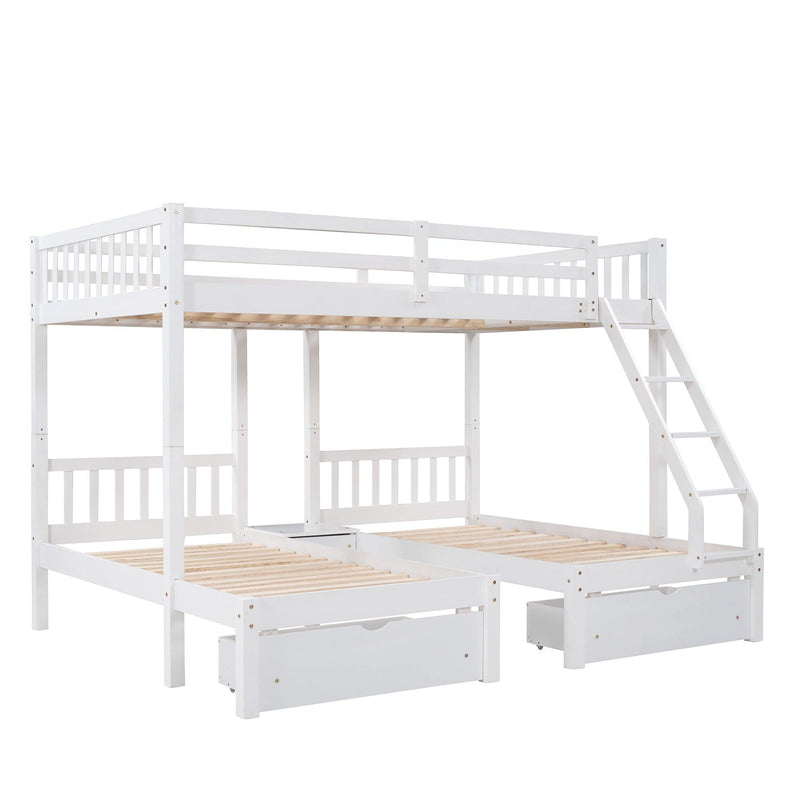 Full Over Twin and  Twin Bunk Bed with Drawers and Guardrails - White