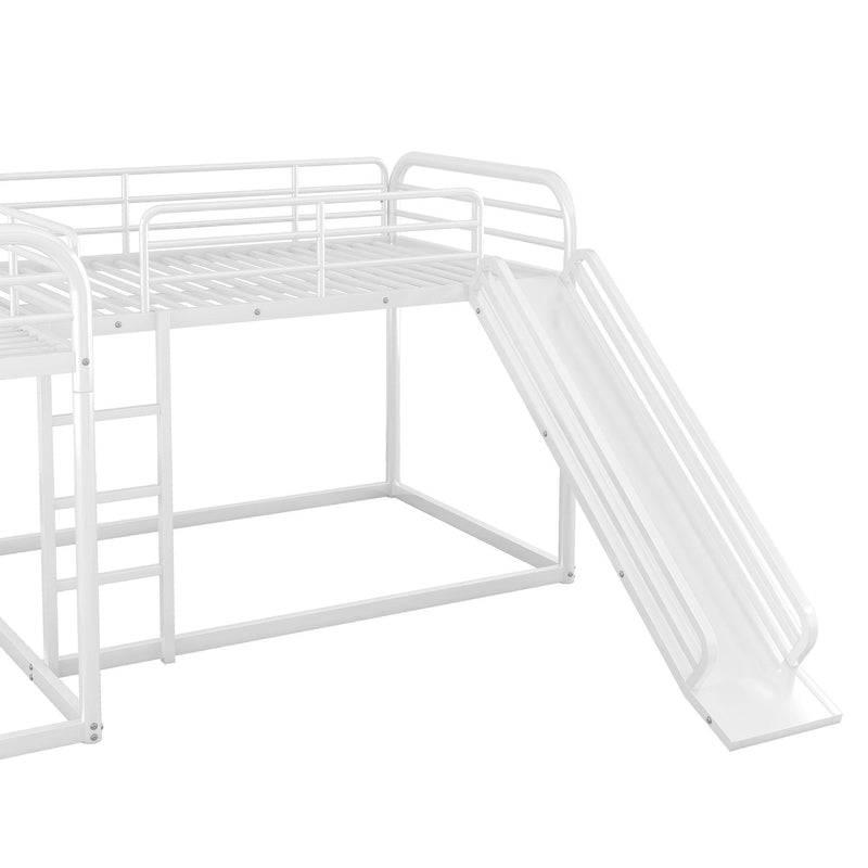 Full and Twin Size Low L-Shaped Bunk Bed with Slide and Ladder - White