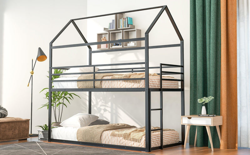 Twin over Twin Metal House Shaped Bunk Beds with Built-in Ladder - Black - Urban Living Furniture (Los Angeles, CA)