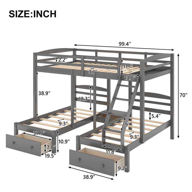 Full over Twin and Twin Bunk Bed with Drawers - Gray