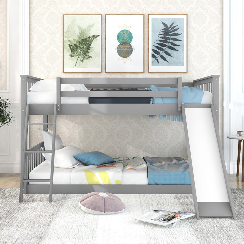 Full over Full Bunk Bed with Slide and Ladder - Gray
