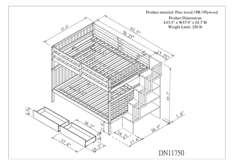 Full Over Full Convertible Bunk Bed with Drawers,Storage Staircase, Head and Footboard - Gray - Urban Living Furniture (Los Angeles, CA)