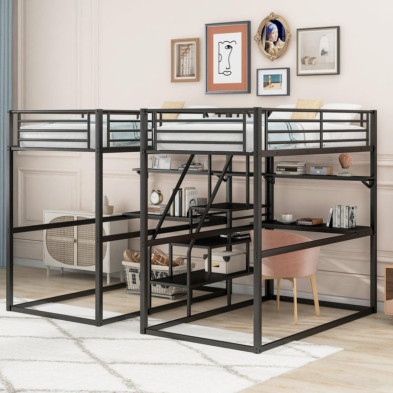 Double Twin over Twin Metal Bunk Bed with Desk Shelves andStorage Staircase - Black - Urban Living Furniture (Los Angeles, CA)