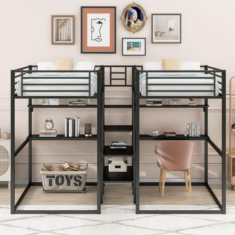 Double Twin over Twin Metal Bunk Bed with Desk Shelves andStorage Staircase - Black - Urban Living Furniture (Los Angeles, CA)