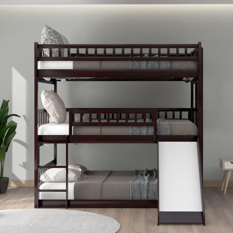 Full Over Full Over Full Triple Bunk Bed with Built-in Ladder and Slide - Espresso