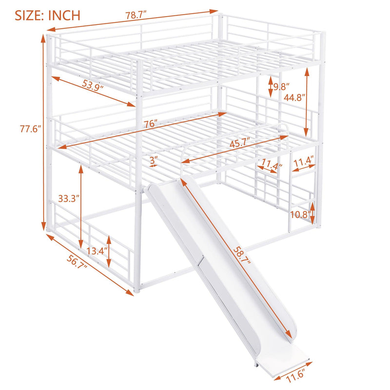 Full Size Convertible Metal Bunk Bed with Ladders and Slide - White