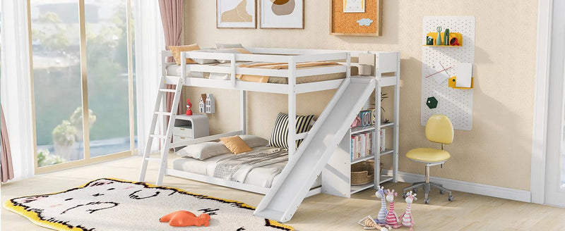 Full over Full Low Bunk Bed with Ladder, Slide and Shelves - White